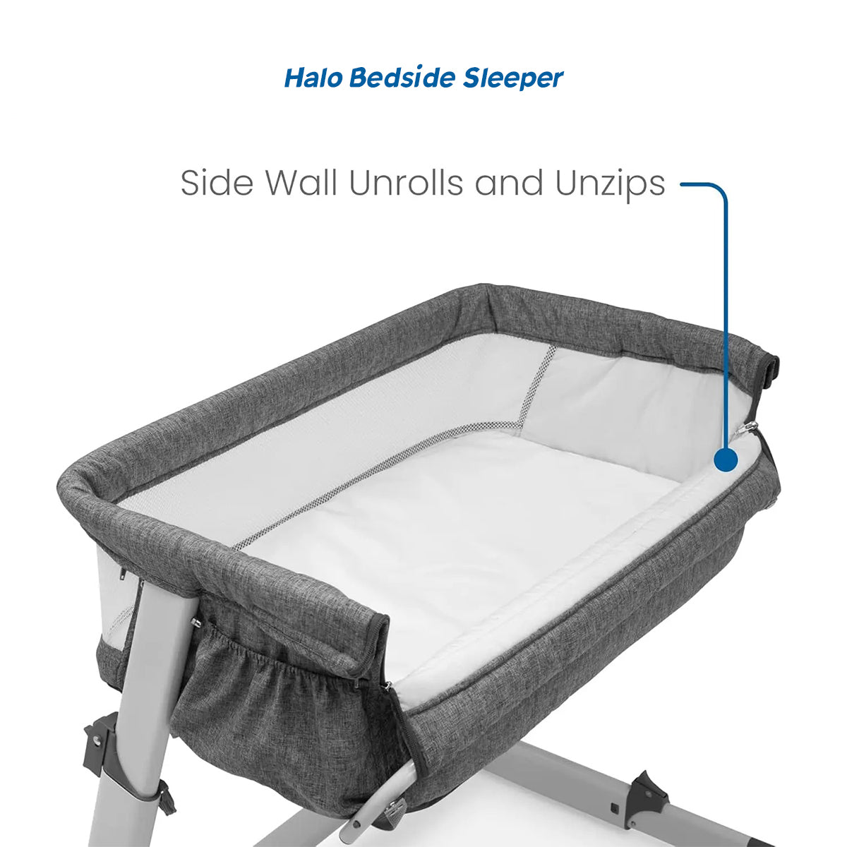 Halo bedside sleeper with side panel unrolled for easy access to baby