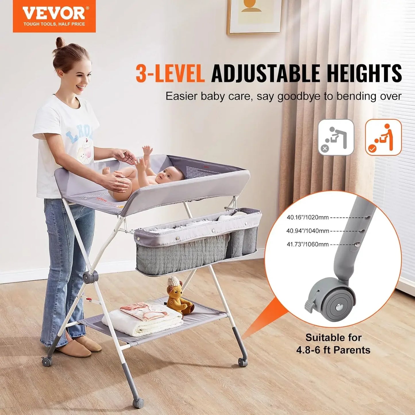 MommyHaven Changing Table with Lockable Wheels and Adjustable Heights