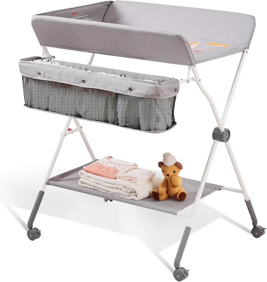 MommyHaven Changing Table with Lockable Wheels and Adjustable Heights