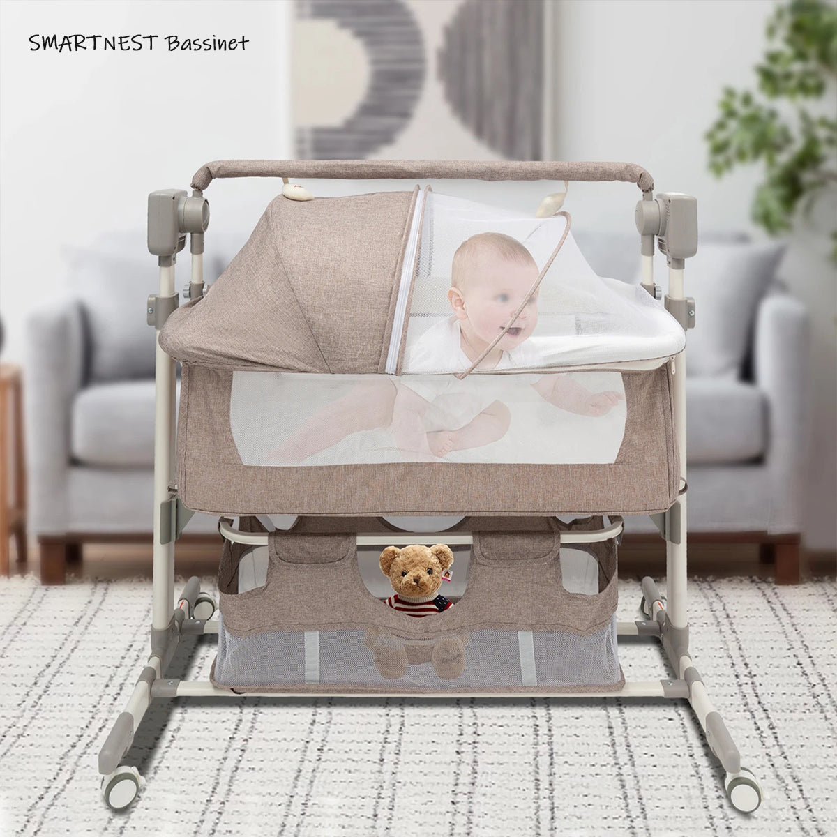 Happy baby in SMARTNEST Bassinet, enjoying comfort and safety