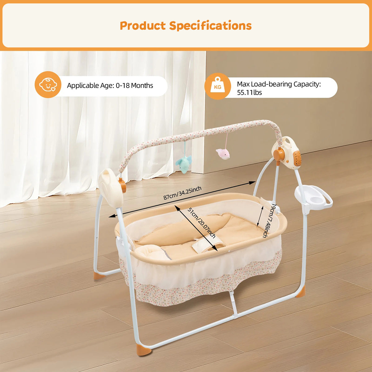 SUNGING baby swing product specifications showing key features and details.