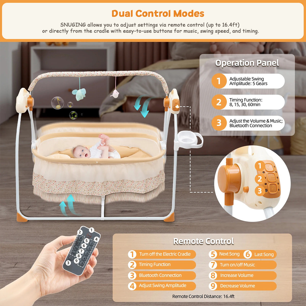 SUNGING baby swing with dual control modes: remote control and cradle buttons for easy adjustments.