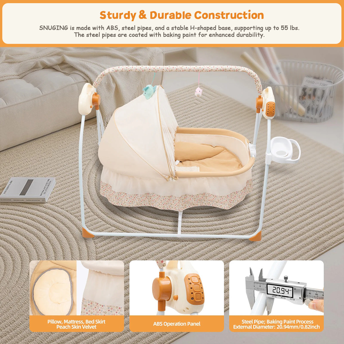 Durable construction of SUNGING baby swing featuring a sturdy H-shaped base and high-quality materials.