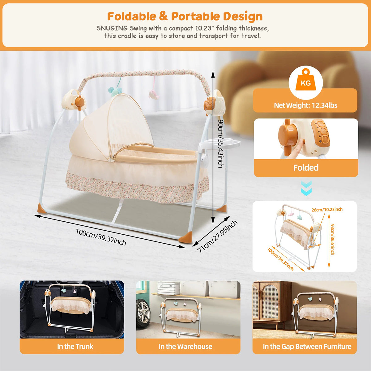 SUNGING baby swing foldable and portable design for easy storage and travel convenience.