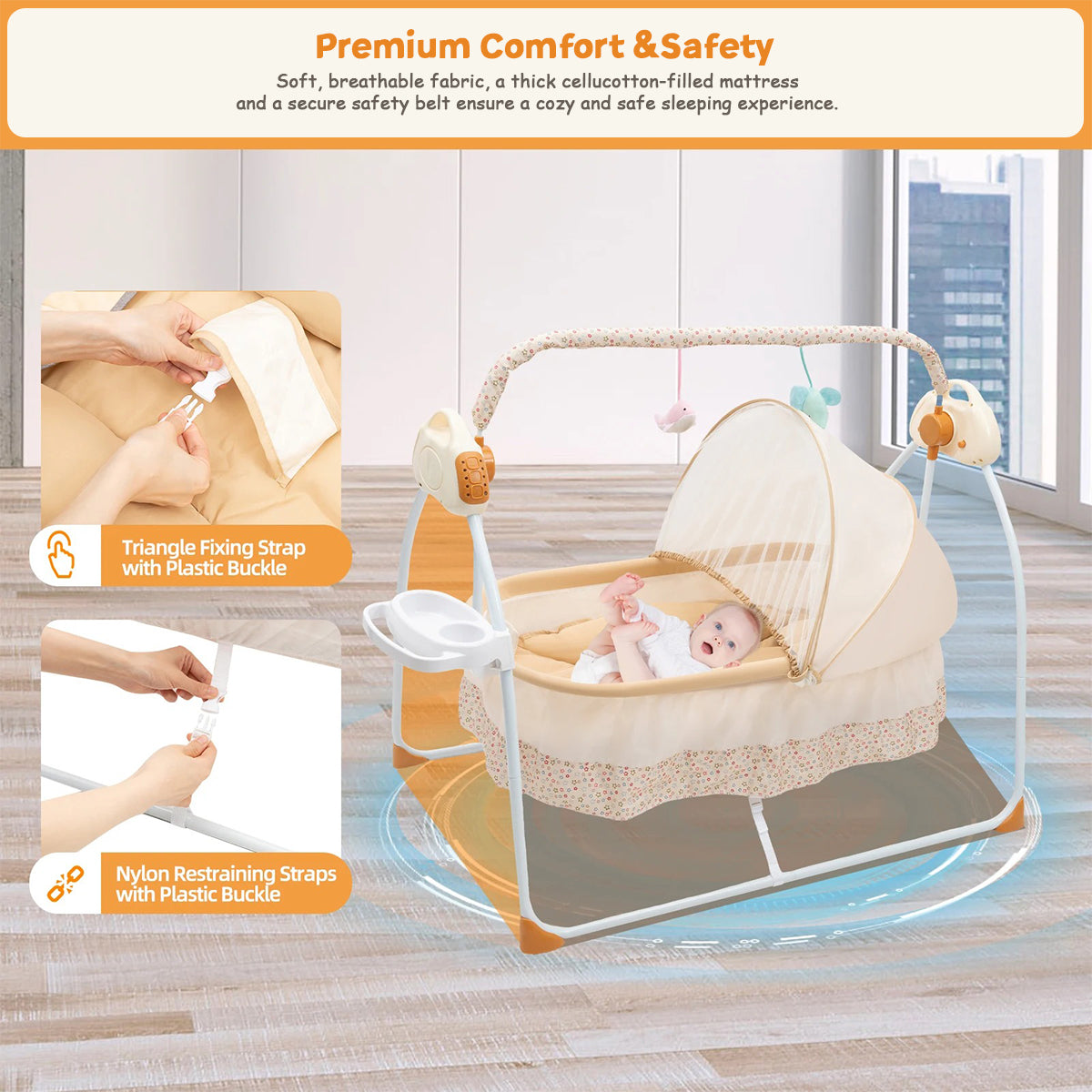 High-quality materials used in SUNGING baby swing including ABS, steel pipes, and breathable fabric.