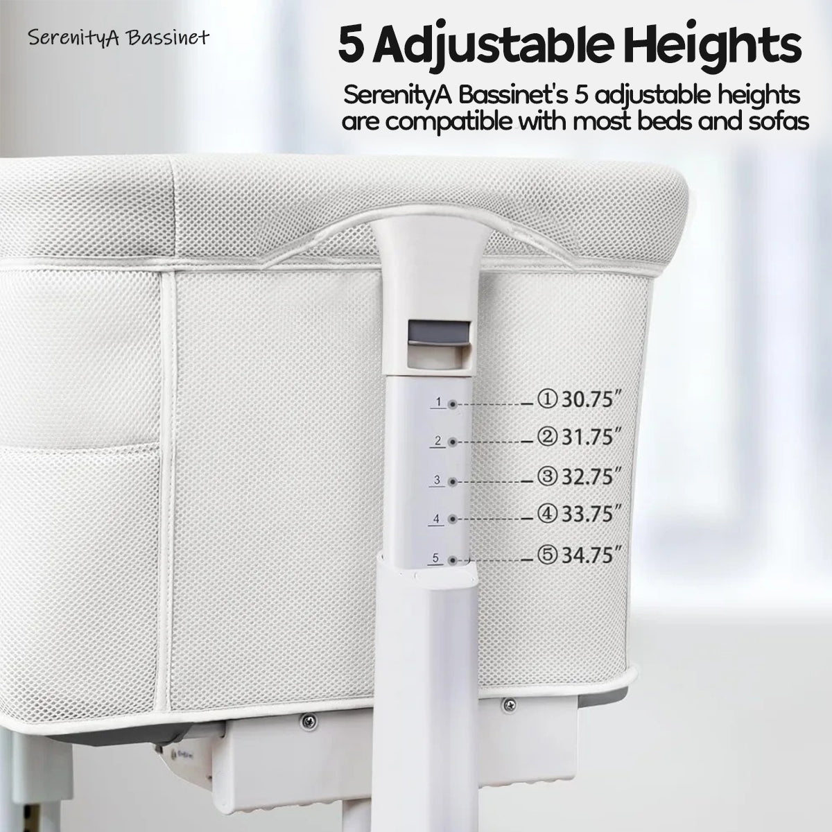 SerenityA bassinet with adjustable height settings for customized comfort and convenience.