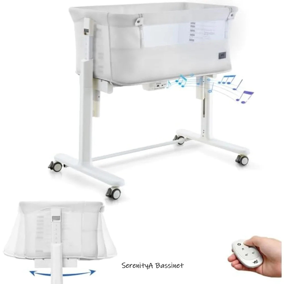 SerenityA bassinet remote control for easy adjustment of rocking speed and timing functions.