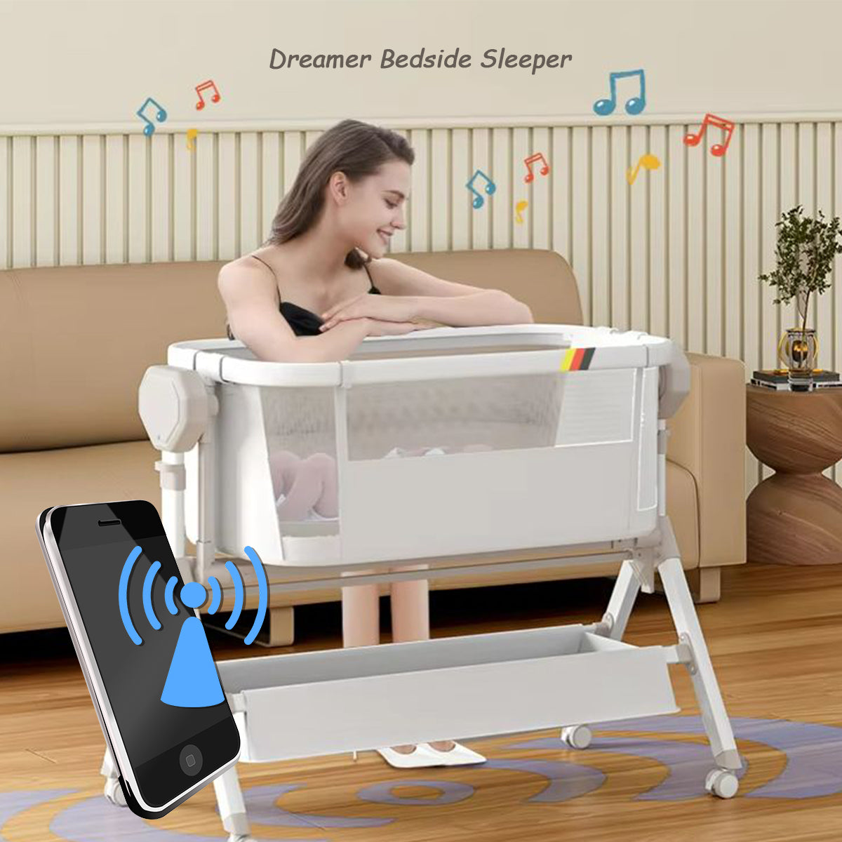 Dreamer bedside sleeper with built-in Bluetooth connectivity