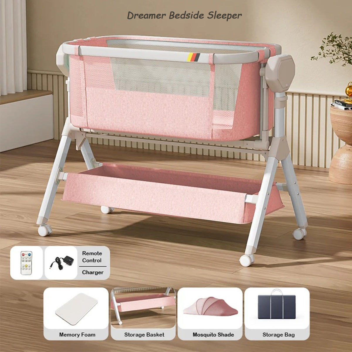 Dreamer bedside sleeper in a soft pink color option