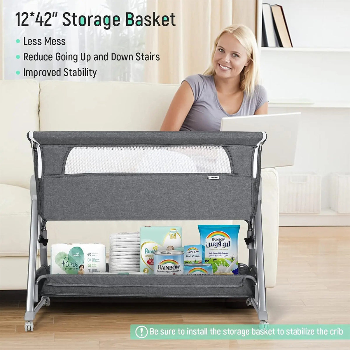 Snooze Bassinet with convenient storage basket underneath